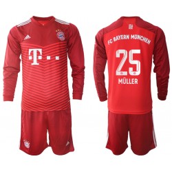 Camisola Bayern de Munique Thomas Muller 25 Criança Equipamento Primeiro 2021-2022 Manga Comprida